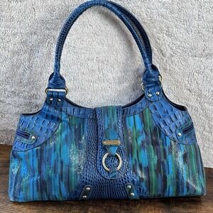 Vintage Sharif Shoulder Bag Womens Large Blue Green Croc Embossed Tassel